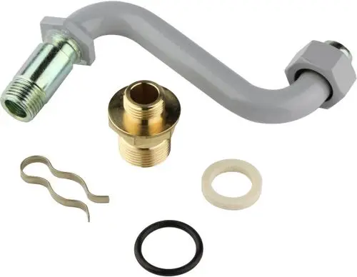 BOSCH Rohrverbindung mit einer gekrümmten Form und verschiedenen Zubehörteilen wie Dichtungen und Halterungen für Gasanschlüsse.